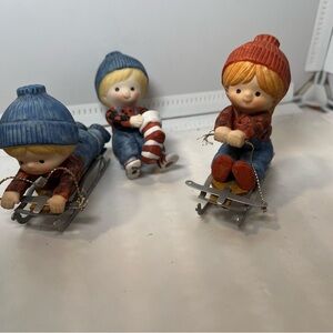 3 Ensco 1980 County Cousins Boy Girl Christmas Figurine Holding Stocking Sled
